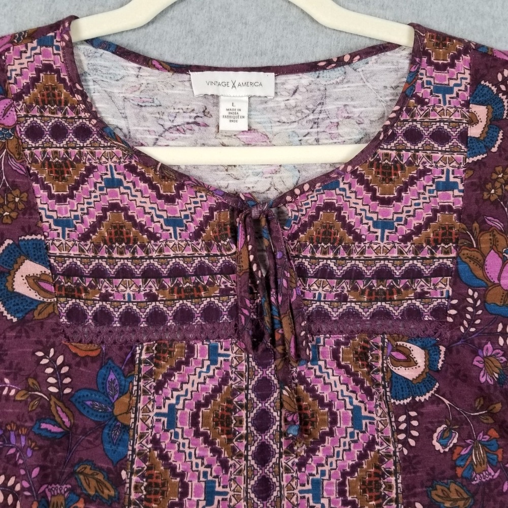 Vintage America Top Women L Large Purple Floral Boho Peasant Blouse Long Sleeve - Picture 2 of 12